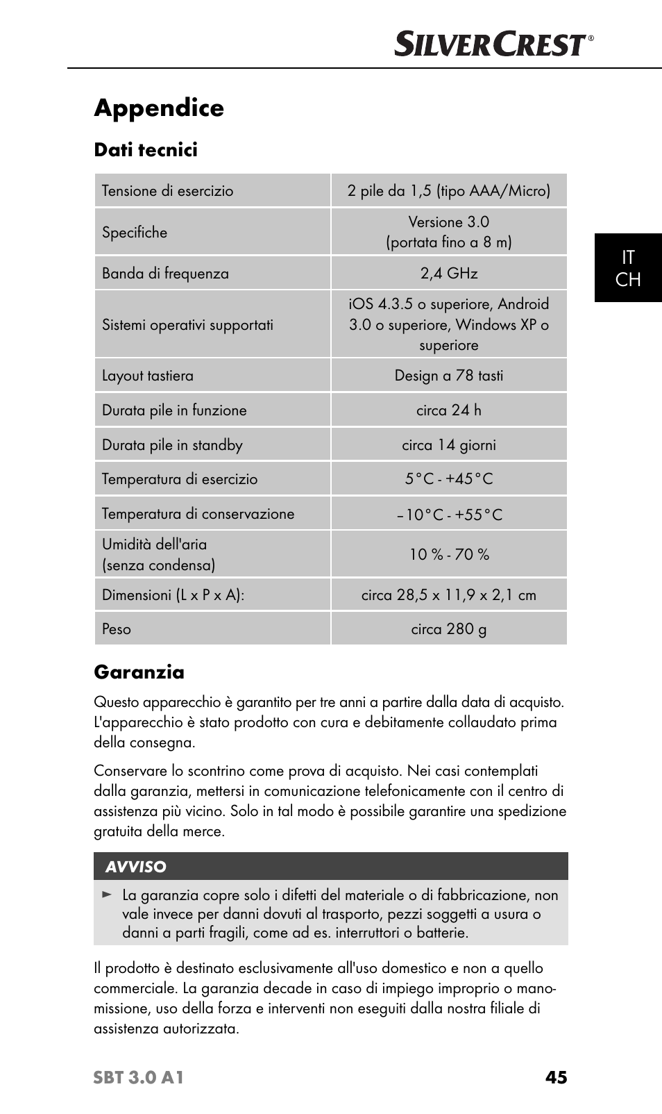 Appendice, It ch, Dati tecnici | Garanzia | Silvercrest SBT 3.0 A1 User Manual | Page 48 / 67