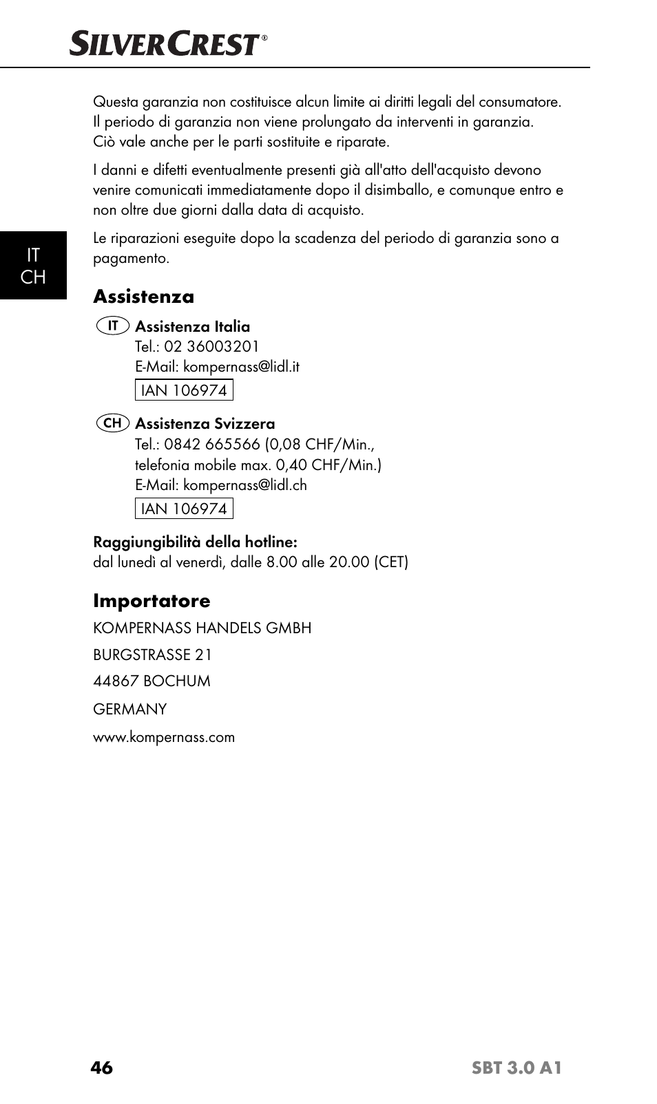 It ch, Assistenza, Importatore | Silvercrest SBT 3.0 A1 User Manual | Page 49 / 67