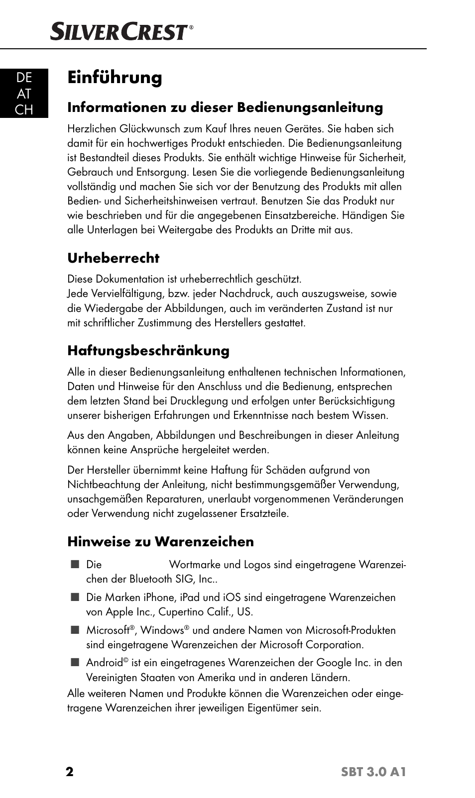 Einführung, De at ch, Informationen zu dieser bedienungsanleitung | Urheberrecht, Haftungsbeschränkung, Hinweise zu warenzeichen | Silvercrest SBT 3.0 A1 User Manual | Page 5 / 67