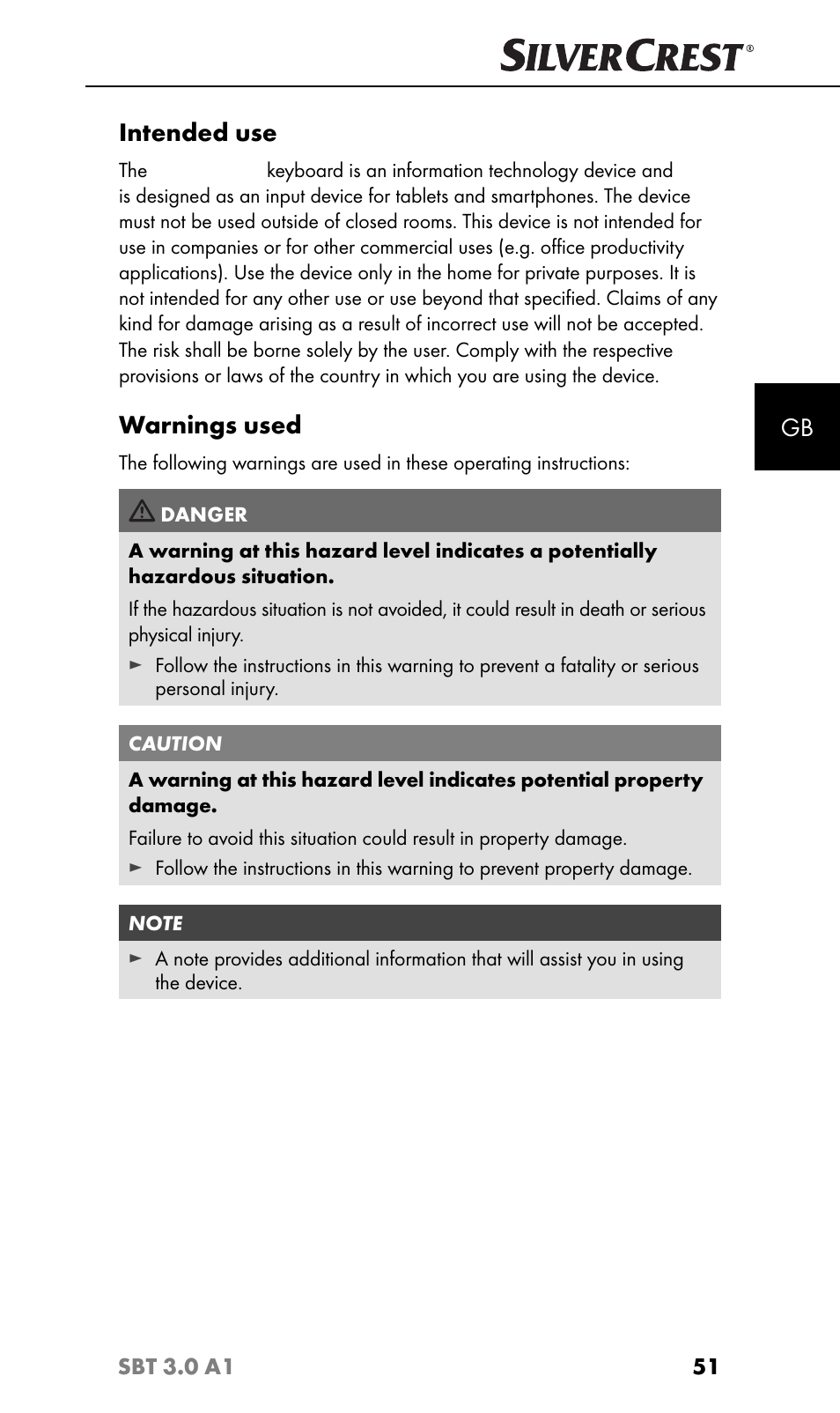 Intended use, Warnings used | Silvercrest SBT 3.0 A1 User Manual | Page 54 / 67