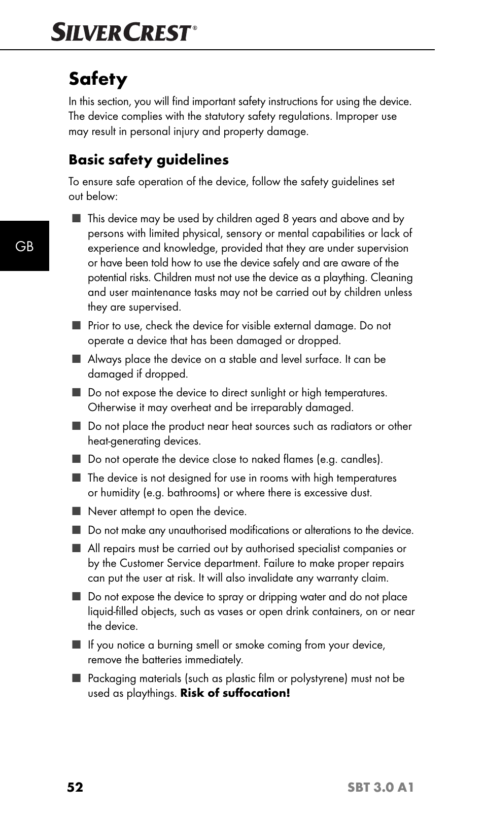 Safety, Basic safety guidelines | Silvercrest SBT 3.0 A1 User Manual | Page 55 / 67