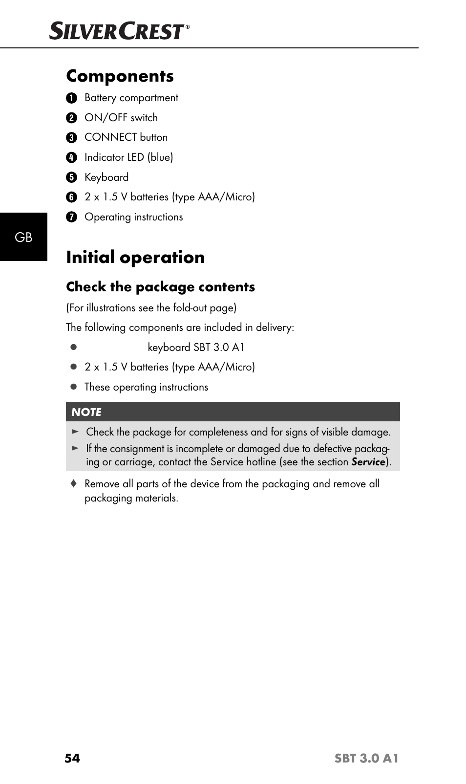 Components, Initial operation, Check the package contents | Silvercrest SBT 3.0 A1 User Manual | Page 57 / 67