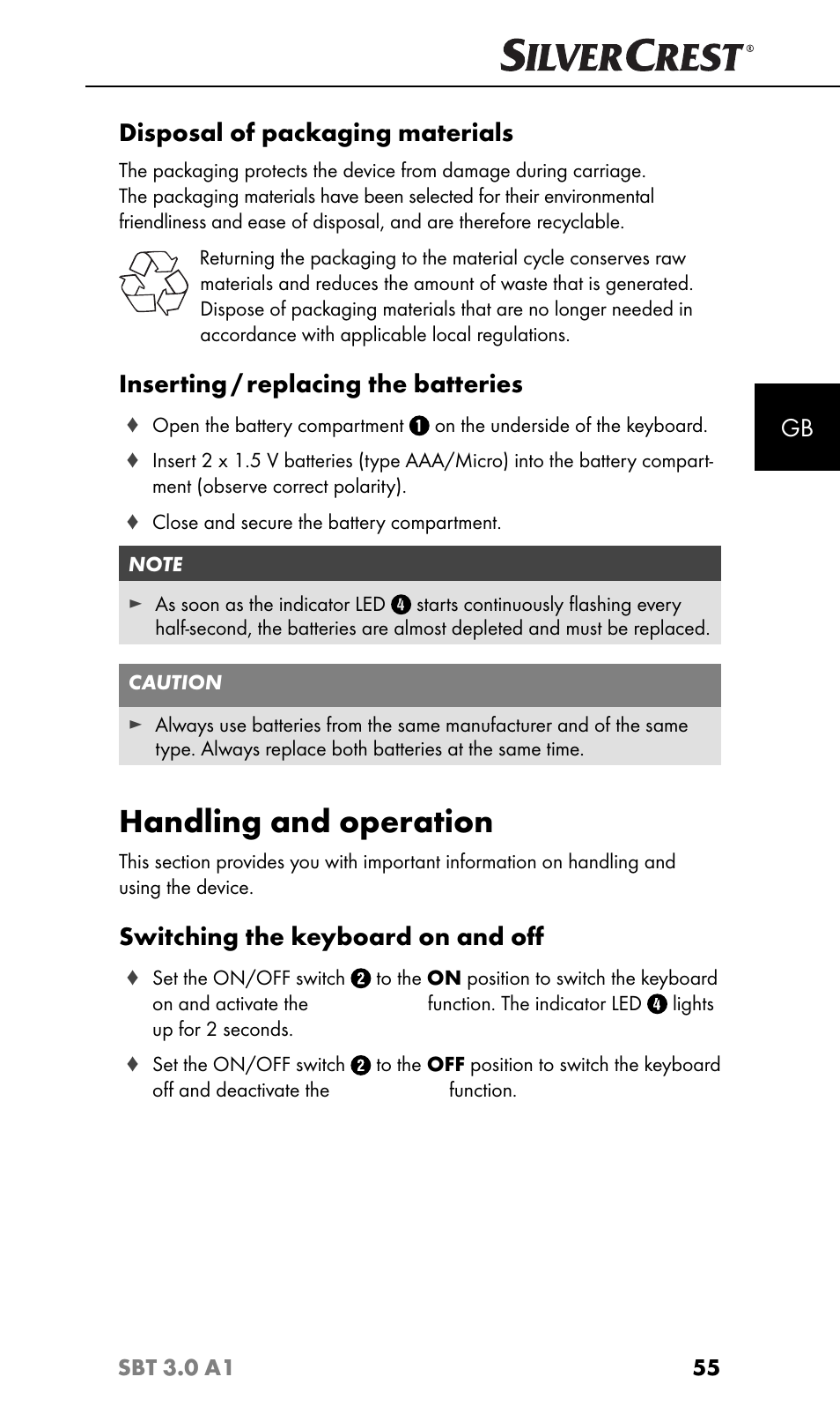 Handling and operation, Disposal of packaging materials, Inserting / replacing the batteries | Switching the keyboard on and oﬀ | Silvercrest SBT 3.0 A1 User Manual | Page 58 / 67