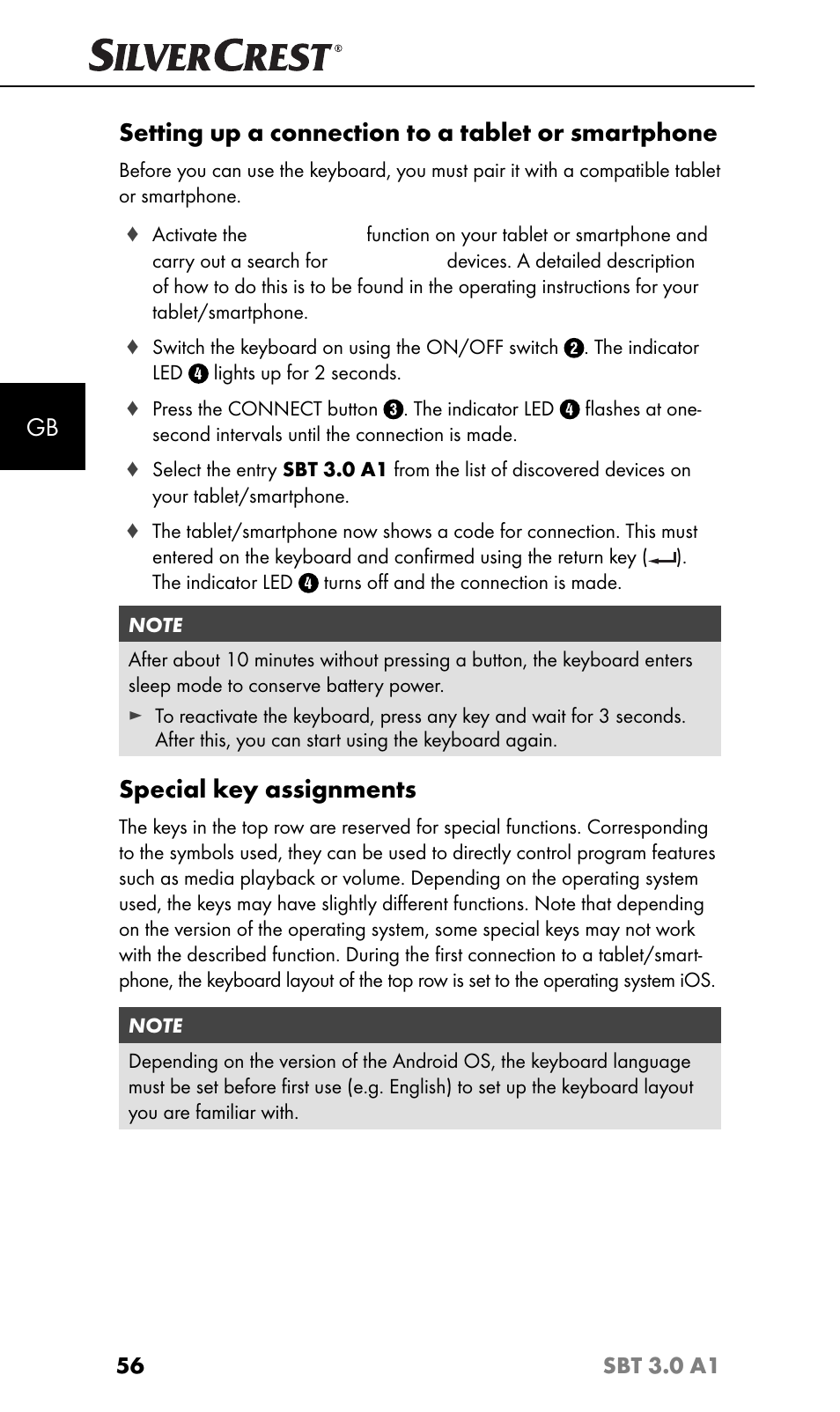 Setting up a connection to a tablet or smartphone, Special key assignments | Silvercrest SBT 3.0 A1 User Manual | Page 59 / 67