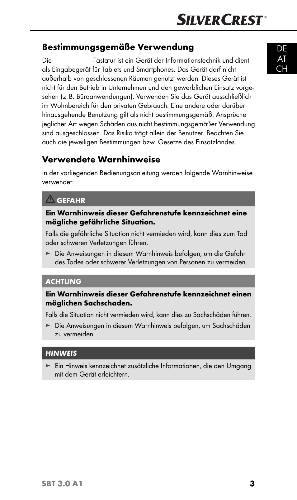 De at ch, Bestimmungsgemäße verwendung, Verwendete warnhinweise | Silvercrest SBT 3.0 A1 User Manual | Page 6 / 67