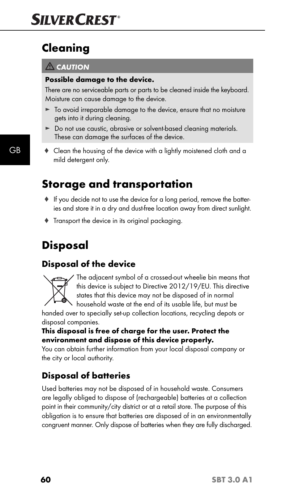 Cleaning, Storage and transportation, Disposal | Disposal of the device, Disposal of batteries | Silvercrest SBT 3.0 A1 User Manual | Page 63 / 67