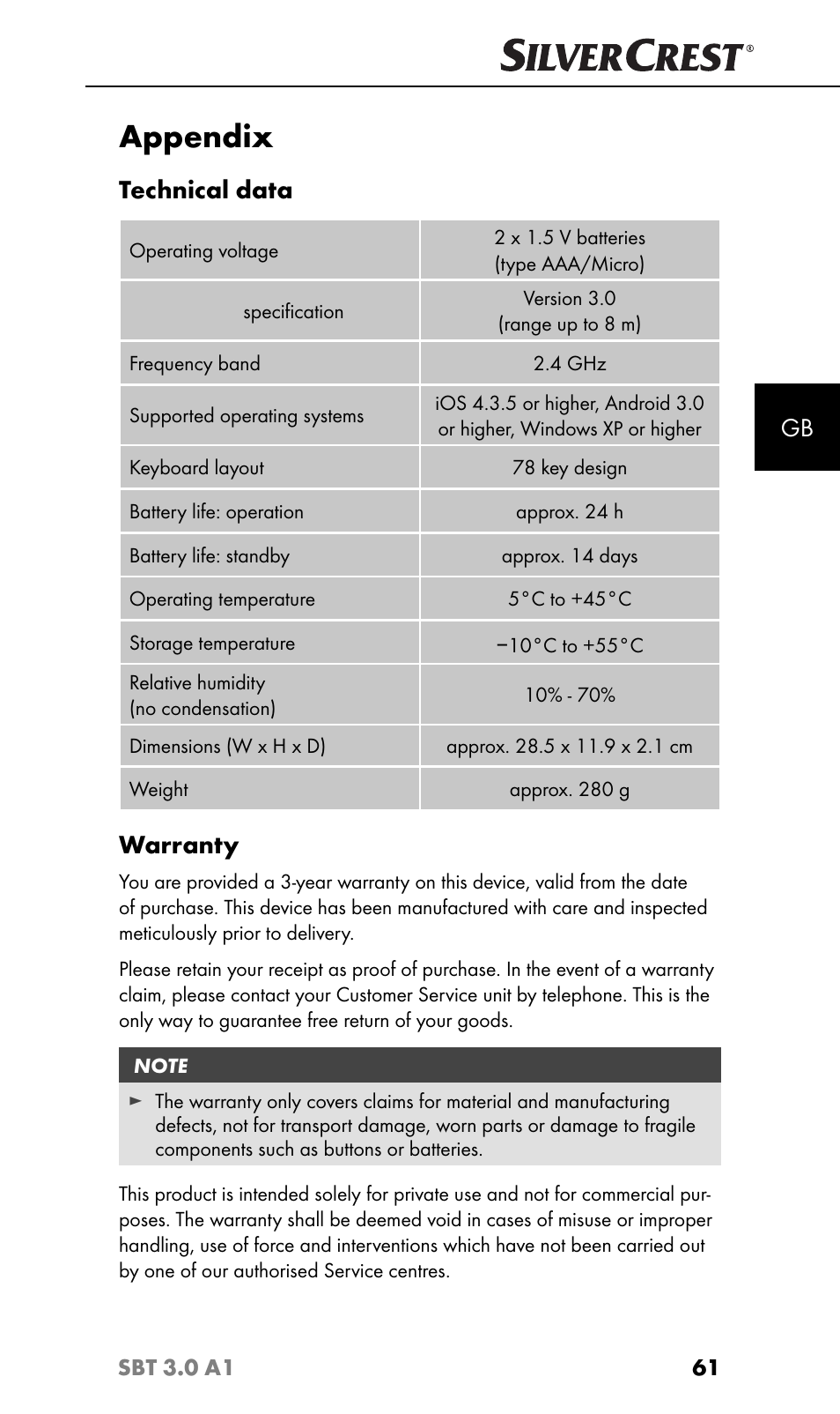 Appendix, Technical data, Warranty | Silvercrest SBT 3.0 A1 User Manual | Page 64 / 67