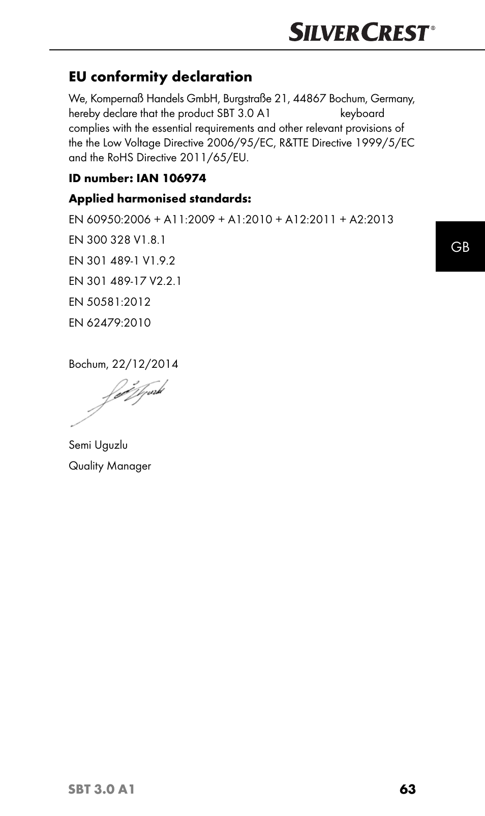 Eu conformity declaration | Silvercrest SBT 3.0 A1 User Manual | Page 66 / 67