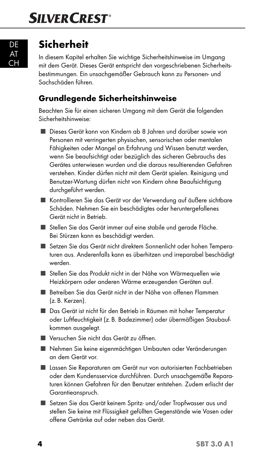 Sicherheit, De at ch, Grundlegende sicherheitshinweise | Silvercrest SBT 3.0 A1 User Manual | Page 7 / 67