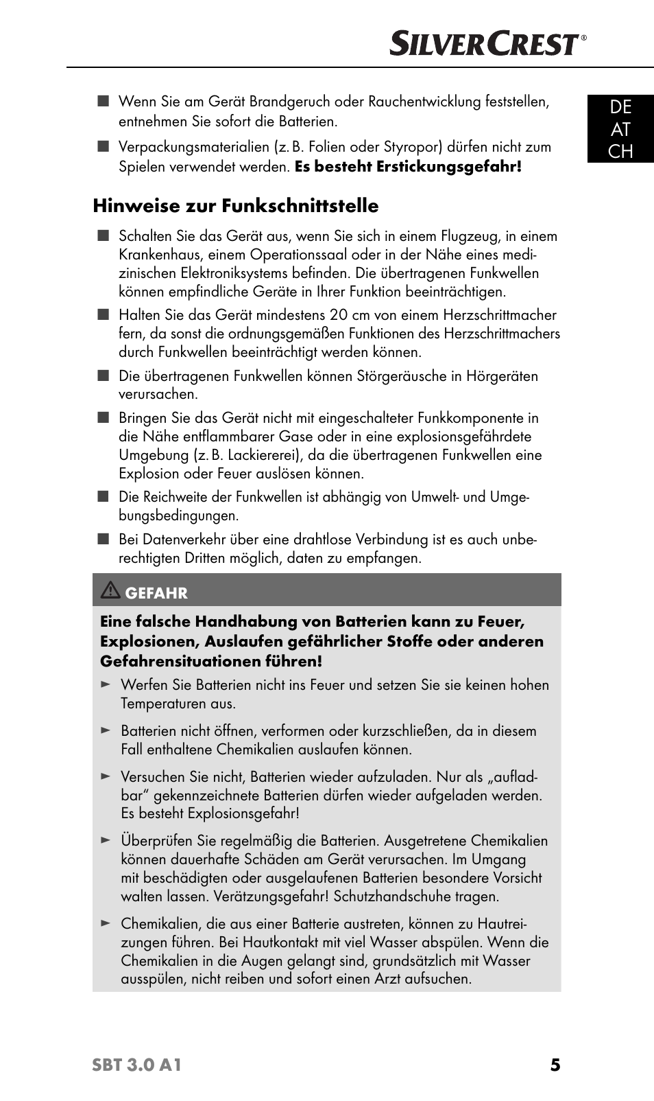 De at ch, Hinweise zur funkschnittstelle | Silvercrest SBT 3.0 A1 User Manual | Page 8 / 67