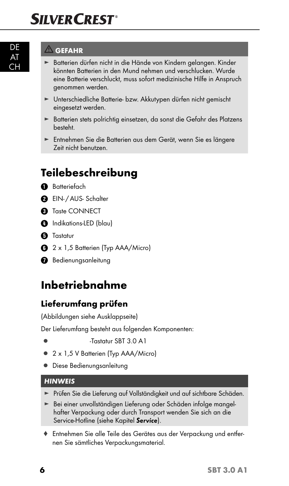 Teilebeschreibung, Inbetriebnahme, De at ch | Lieferumfang prüfen | Silvercrest SBT 3.0 A1 User Manual | Page 9 / 67