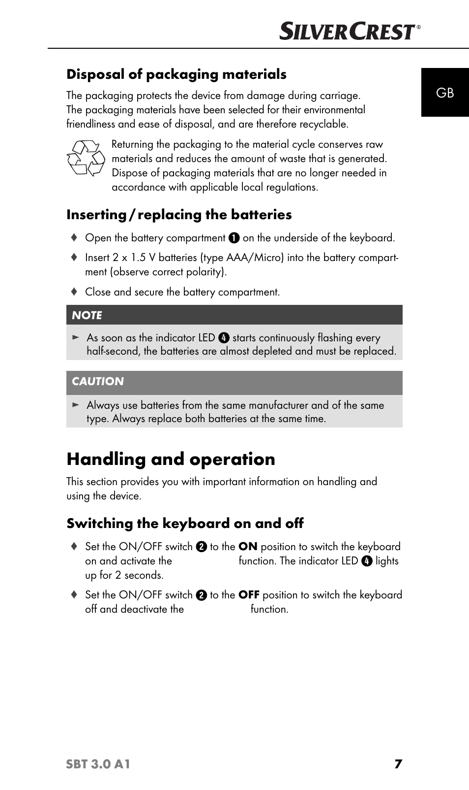 Handling and operation, Disposal of packaging materials, Inserting / replacing the batteries | Switching the keyboard on and oﬀ | Silvercrest SBT 3.0 A1 User Manual | Page 10 / 51