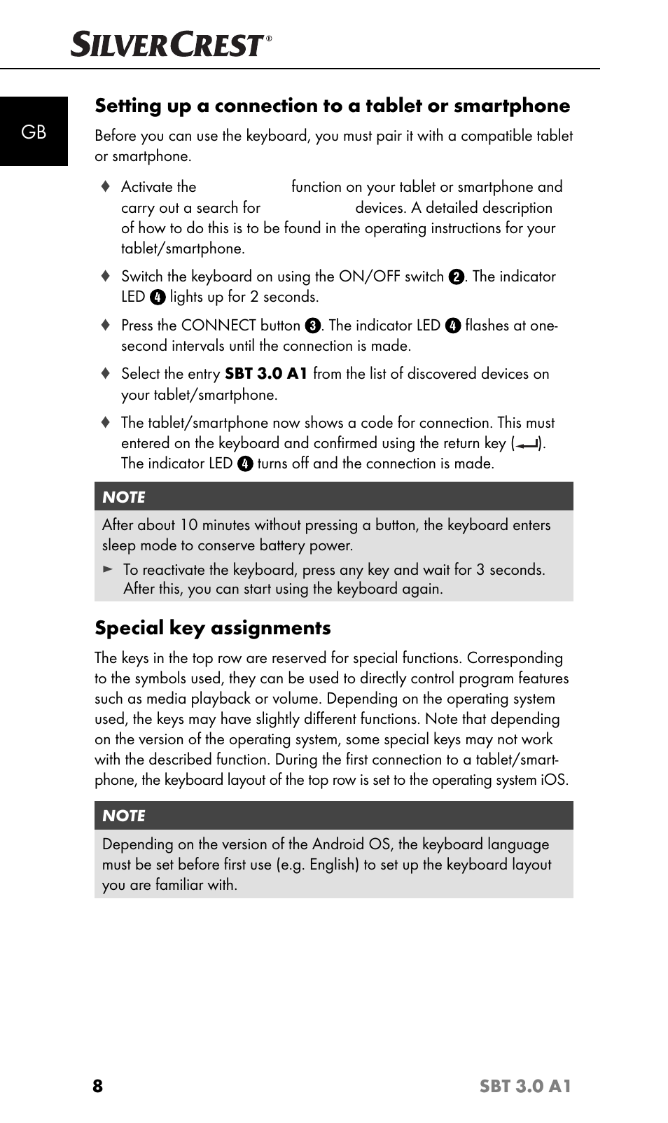 Setting up a connection to a tablet or smartphone, Special key assignments | Silvercrest SBT 3.0 A1 User Manual | Page 11 / 51