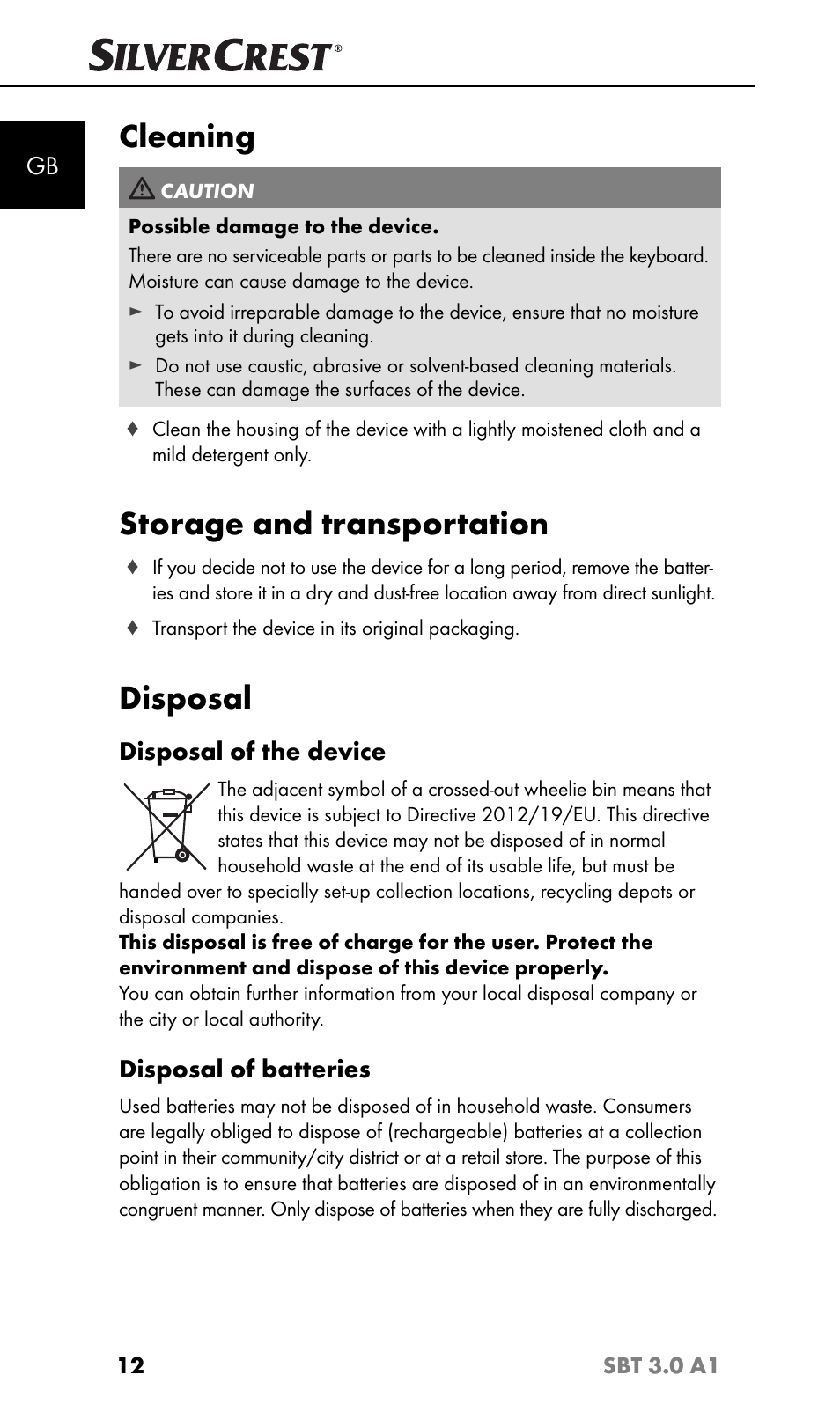 Cleaning, Storage and transportation, Disposal | Disposal of the device, Disposal of batteries | Silvercrest SBT 3.0 A1 User Manual | Page 15 / 51