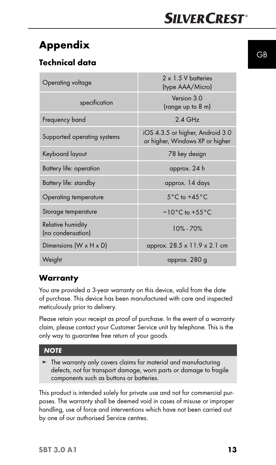 Appendix, Technical data, Warranty | Silvercrest SBT 3.0 A1 User Manual | Page 16 / 51