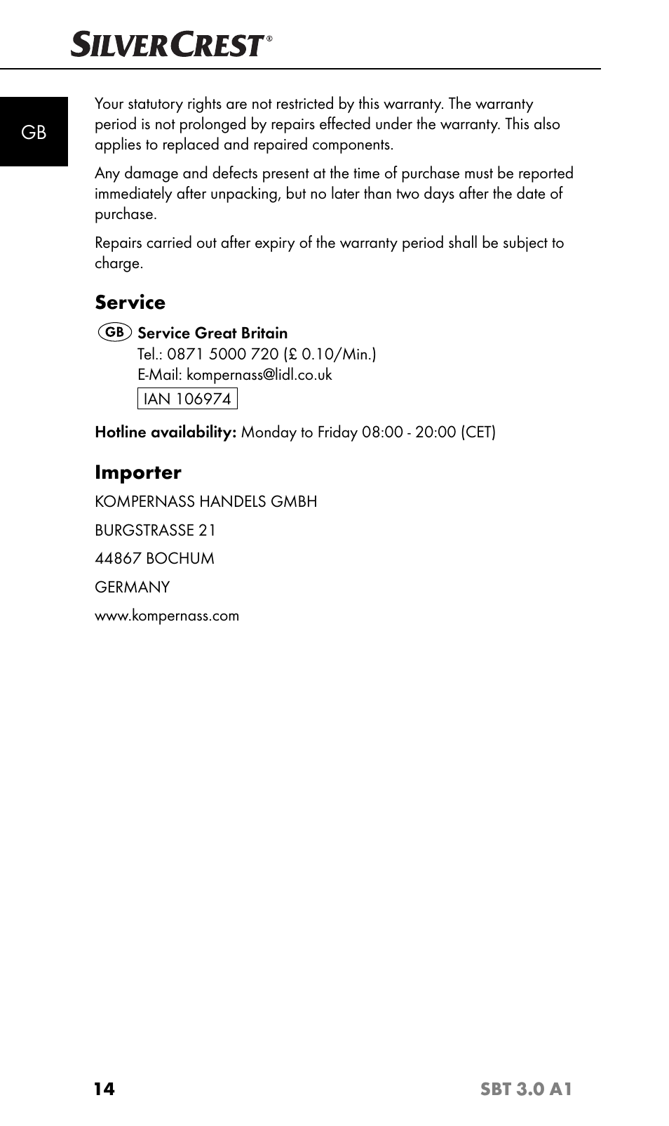 Service, Importer | Silvercrest SBT 3.0 A1 User Manual | Page 17 / 51