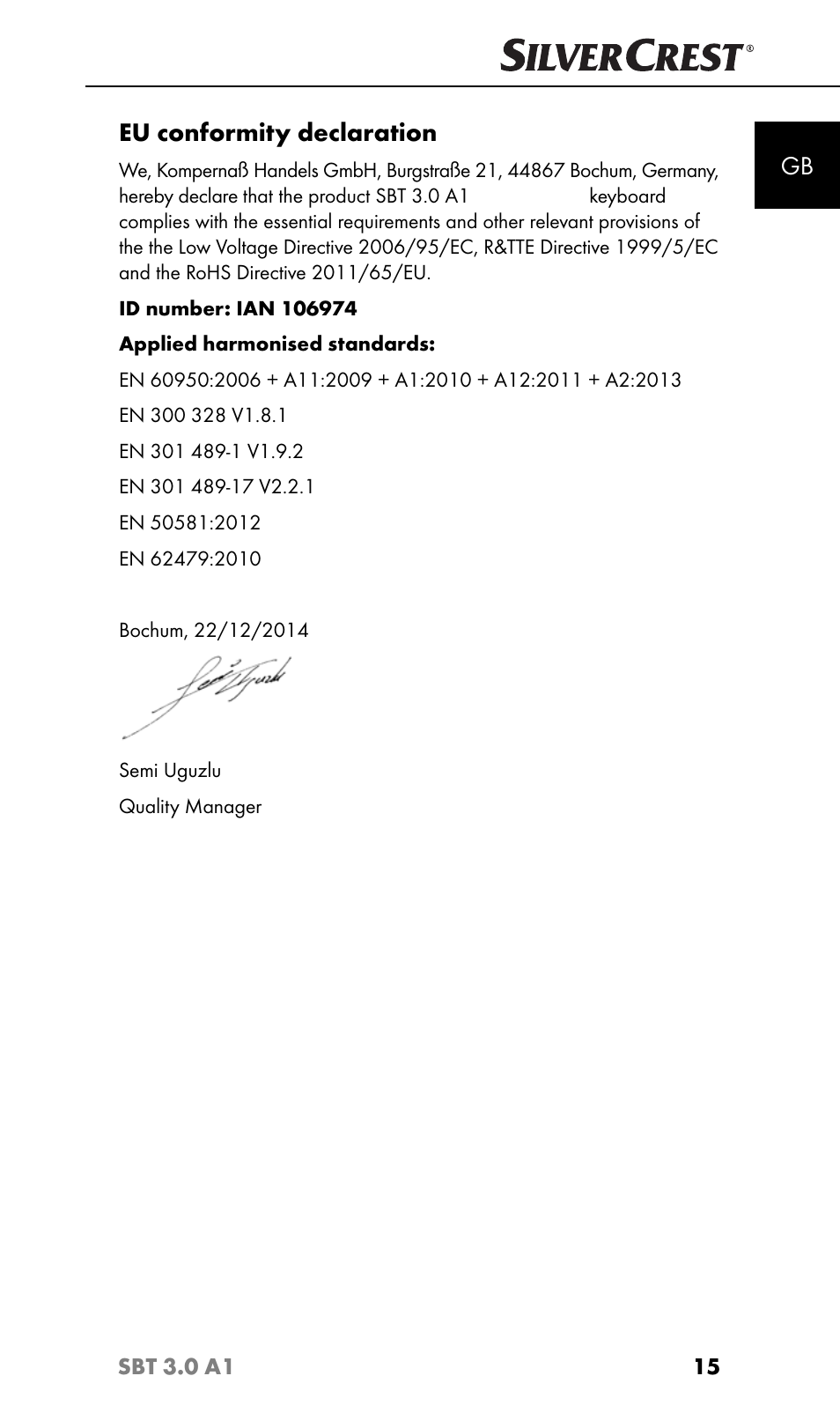 Eu conformity declaration | Silvercrest SBT 3.0 A1 User Manual | Page 18 / 51