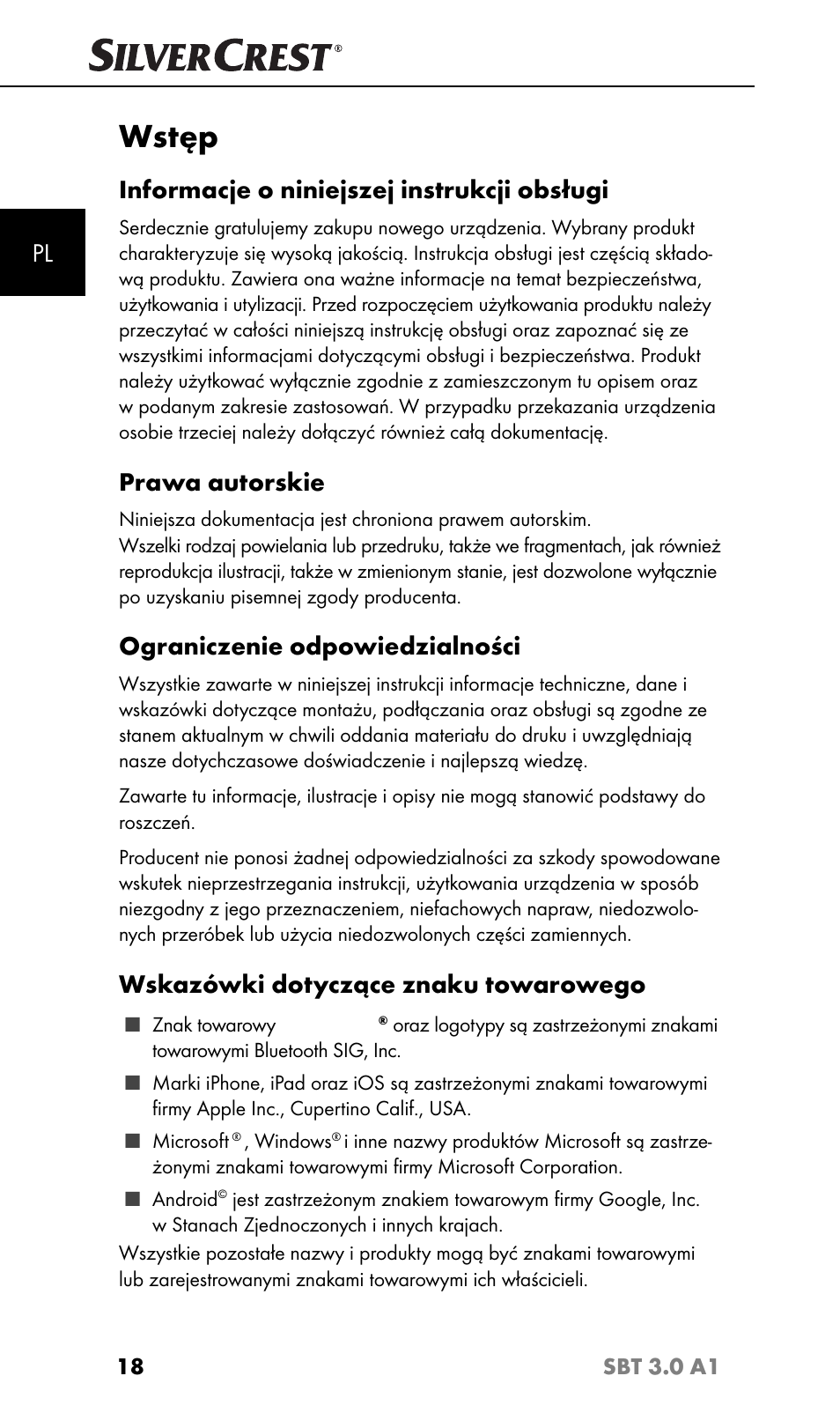 Wstęp, Informacje o niniejszej instrukcji obsługi, Prawa autorskie | Ograniczenie odpowiedzialności, Wskazówki dotyczące znaku towarowego | Silvercrest SBT 3.0 A1 User Manual | Page 21 / 51