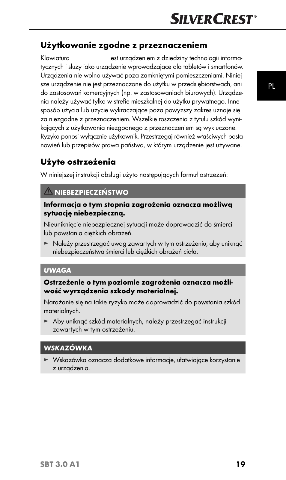 Użytkowanie zgodne z przeznaczeniem, Użyte ostrzeżenia | Silvercrest SBT 3.0 A1 User Manual | Page 22 / 51