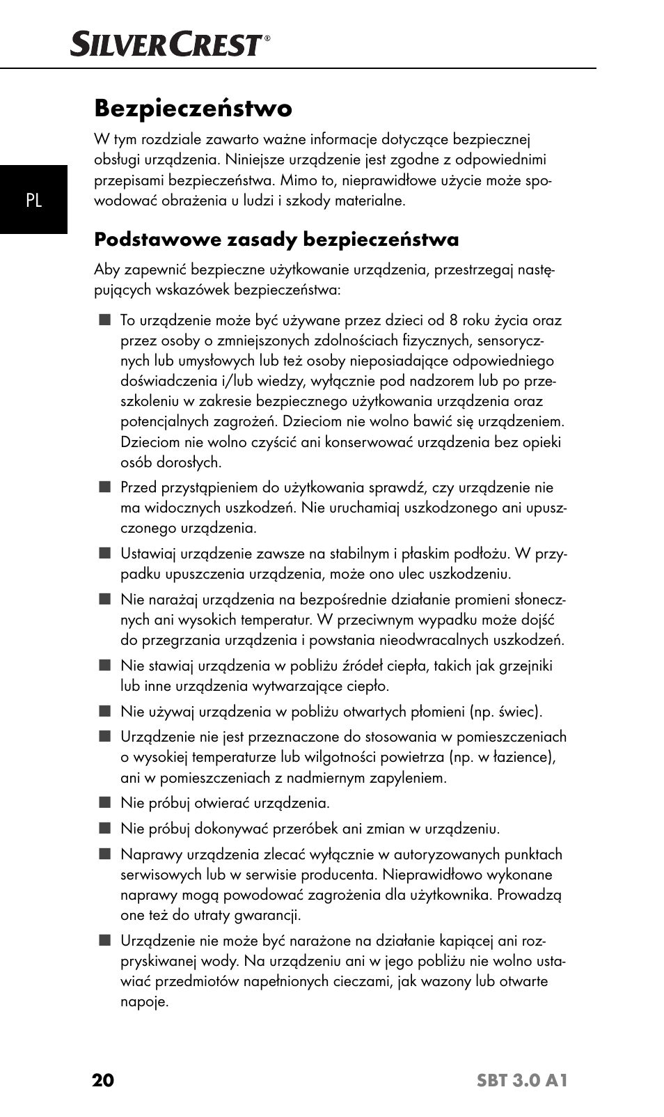 Bezpieczeństwo, Podstawowe zasady bezpieczeństwa | Silvercrest SBT 3.0 A1 User Manual | Page 23 / 51