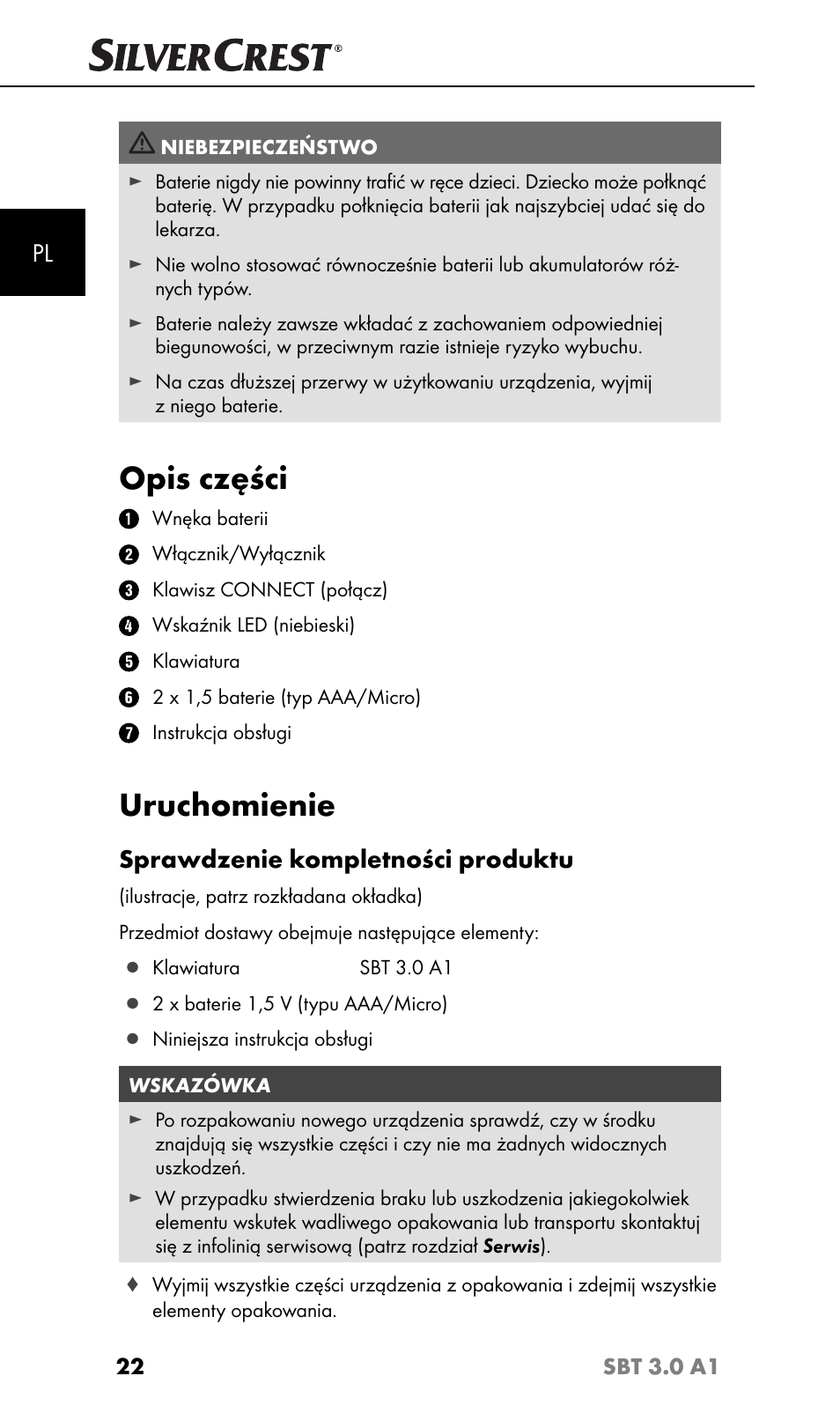 Opis części, Uruchomienie, Sprawdzenie kompletności produktu | Silvercrest SBT 3.0 A1 User Manual | Page 25 / 51