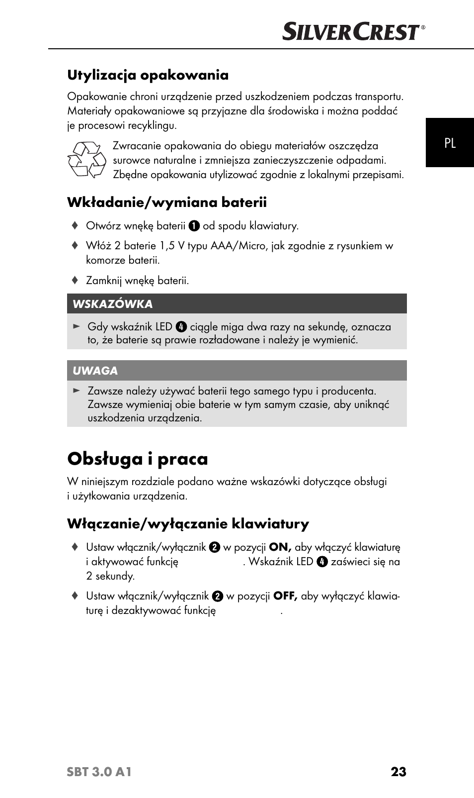 Obsługa i praca, Utylizacja opakowania, Wkładanie/wymiana baterii | Włączanie/wyłączanie klawiatury | Silvercrest SBT 3.0 A1 User Manual | Page 26 / 51