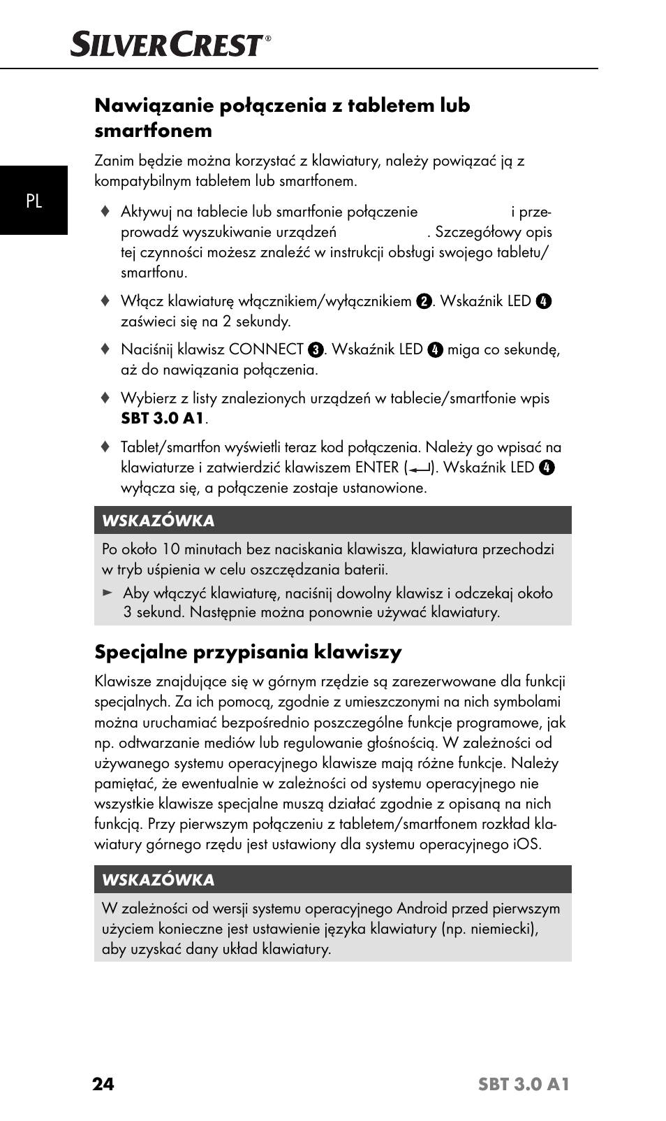 Nawiązanie połączenia z tabletem lub smartfonem, Specjalne przypisania klawiszy | Silvercrest SBT 3.0 A1 User Manual | Page 27 / 51