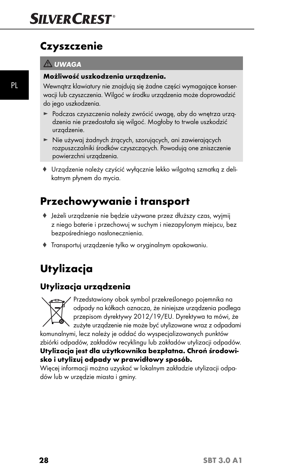 Czyszczenie, Przechowywanie i transport, Utylizacja | Utylizacja urządzenia | Silvercrest SBT 3.0 A1 User Manual | Page 31 / 51