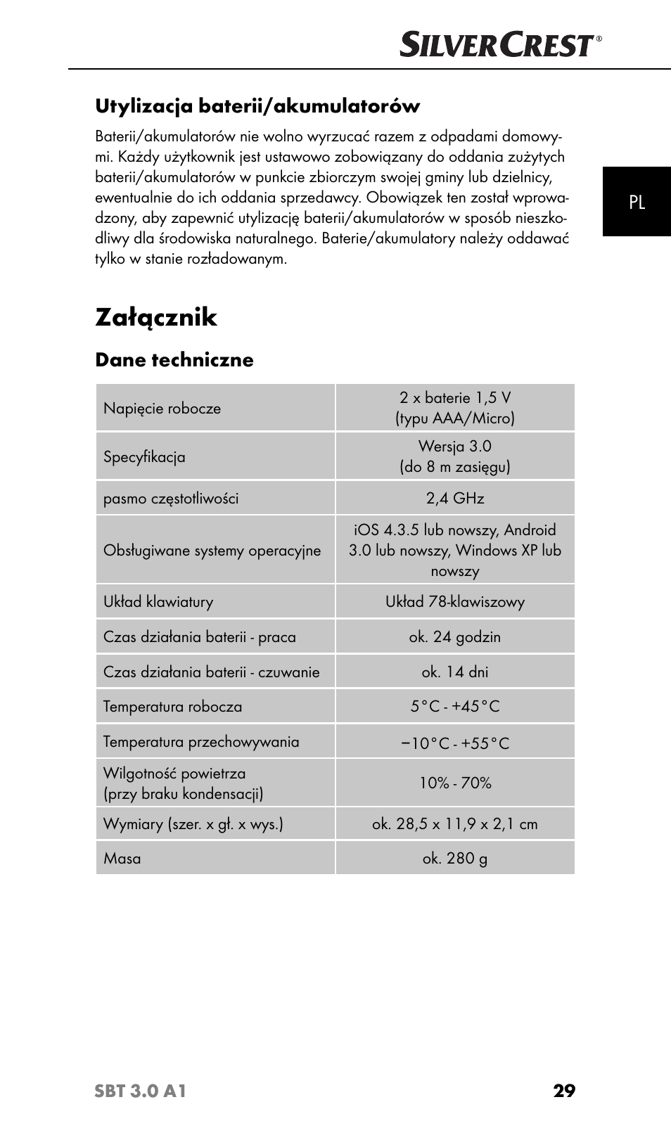 Załącznik, Utylizacja baterii/akumulatorów, Dane techniczne | Silvercrest SBT 3.0 A1 User Manual | Page 32 / 51