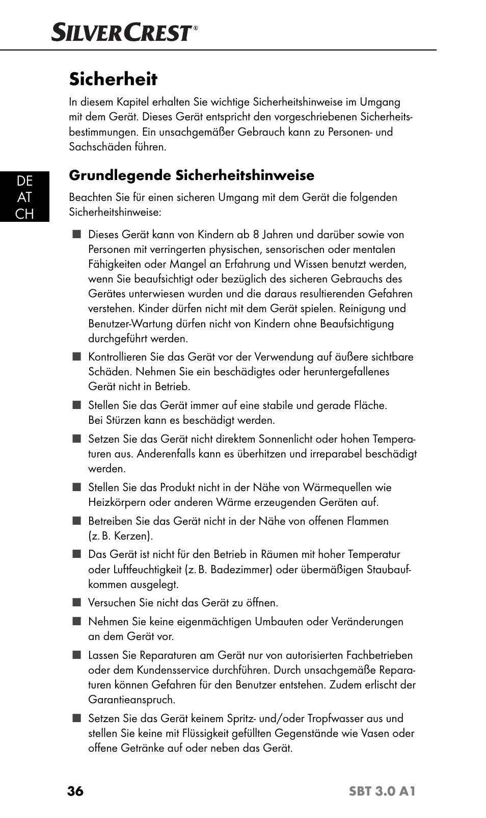 Sicherheit, De at ch, Grundlegende sicherheitshinweise | Silvercrest SBT 3.0 A1 User Manual | Page 39 / 51