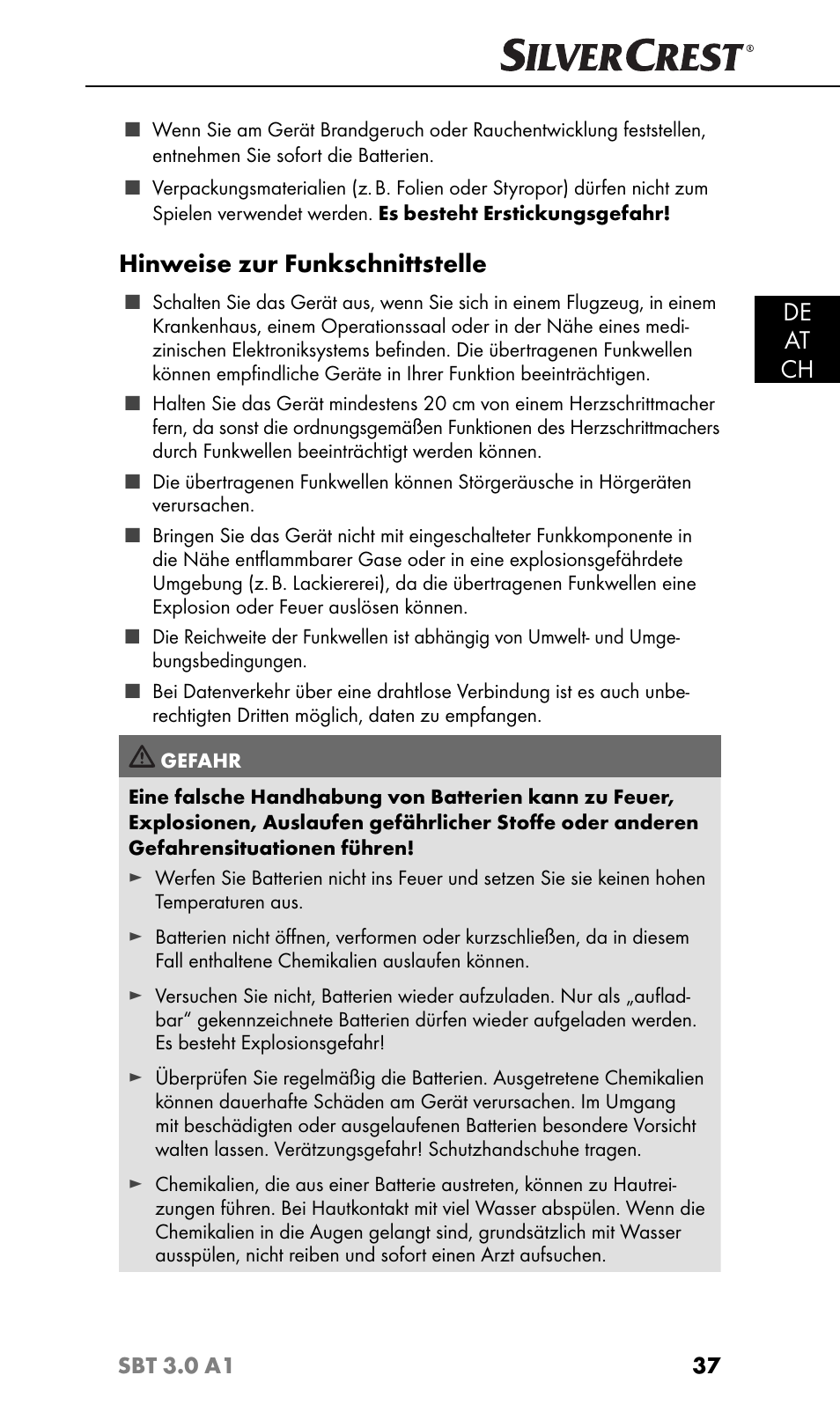 De at ch, Hinweise zur funkschnittstelle | Silvercrest SBT 3.0 A1 User Manual | Page 40 / 51
