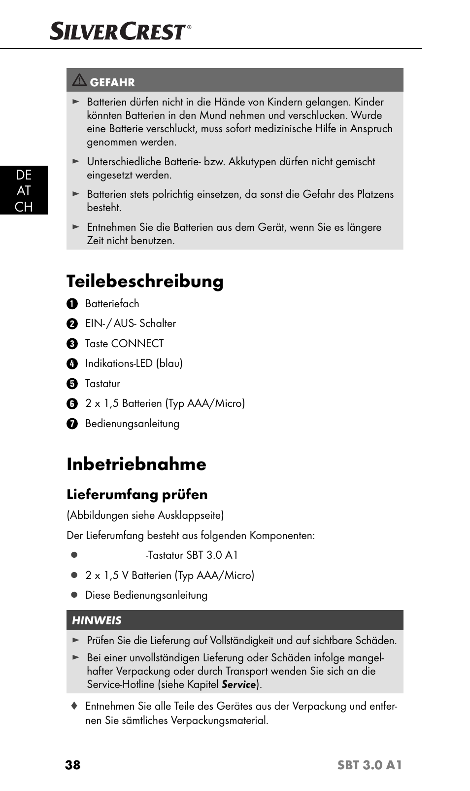 Teilebeschreibung, Inbetriebnahme, De at ch | Lieferumfang prüfen | Silvercrest SBT 3.0 A1 User Manual | Page 41 / 51