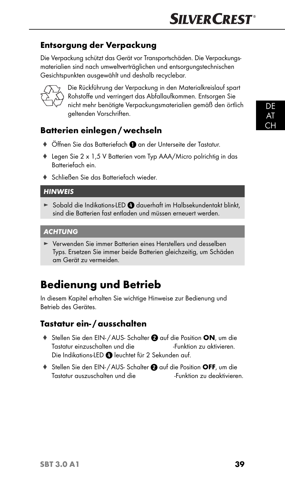 Bedienung und betrieb, De at ch, Entsorgung der verpackung | Batterien einlegen / wechseln, Tastatur ein- / ausschalten | Silvercrest SBT 3.0 A1 User Manual | Page 42 / 51