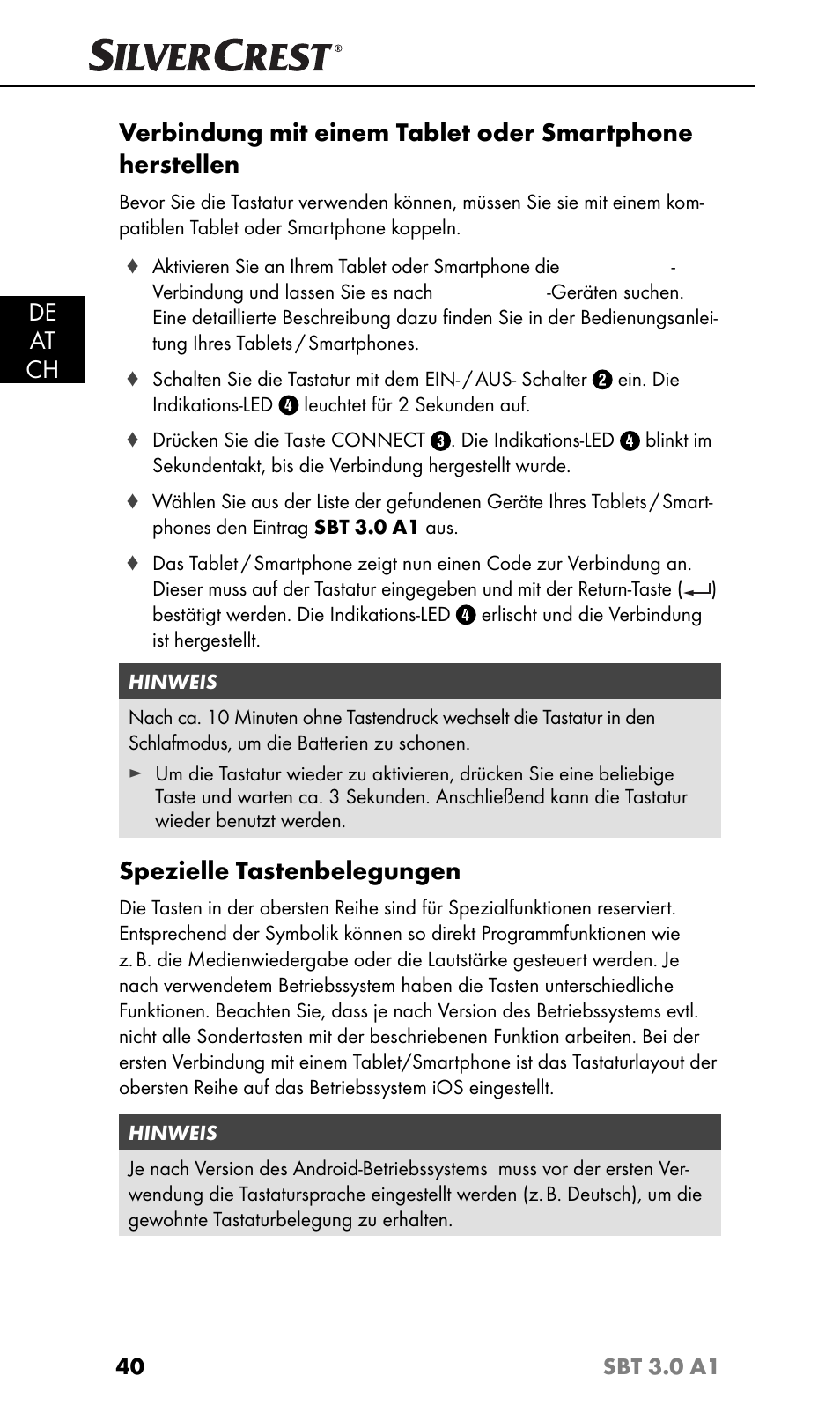 De at ch, Spezielle tastenbelegungen | Silvercrest SBT 3.0 A1 User Manual | Page 43 / 51