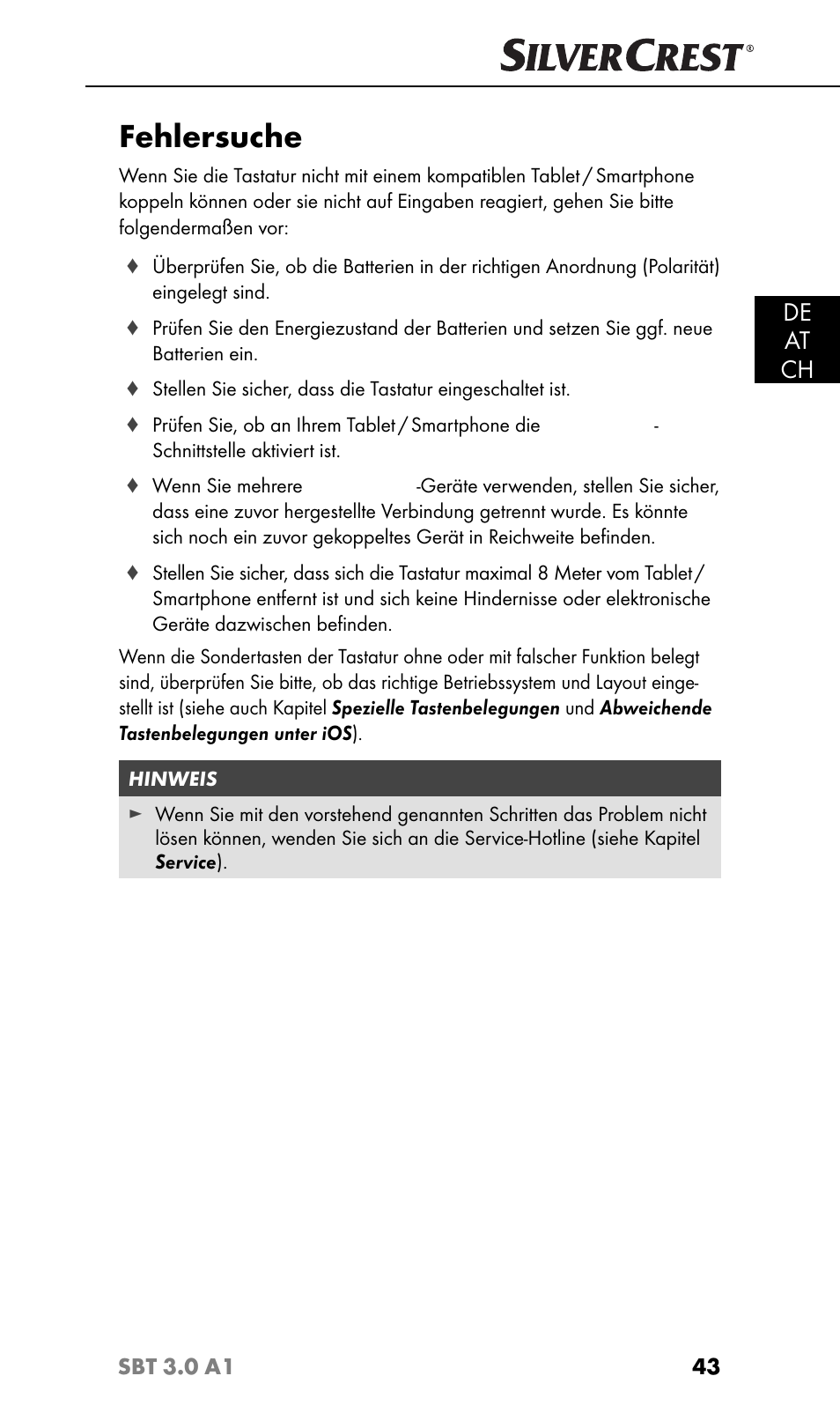 Fehlersuche, De at ch | Silvercrest SBT 3.0 A1 User Manual | Page 46 / 51