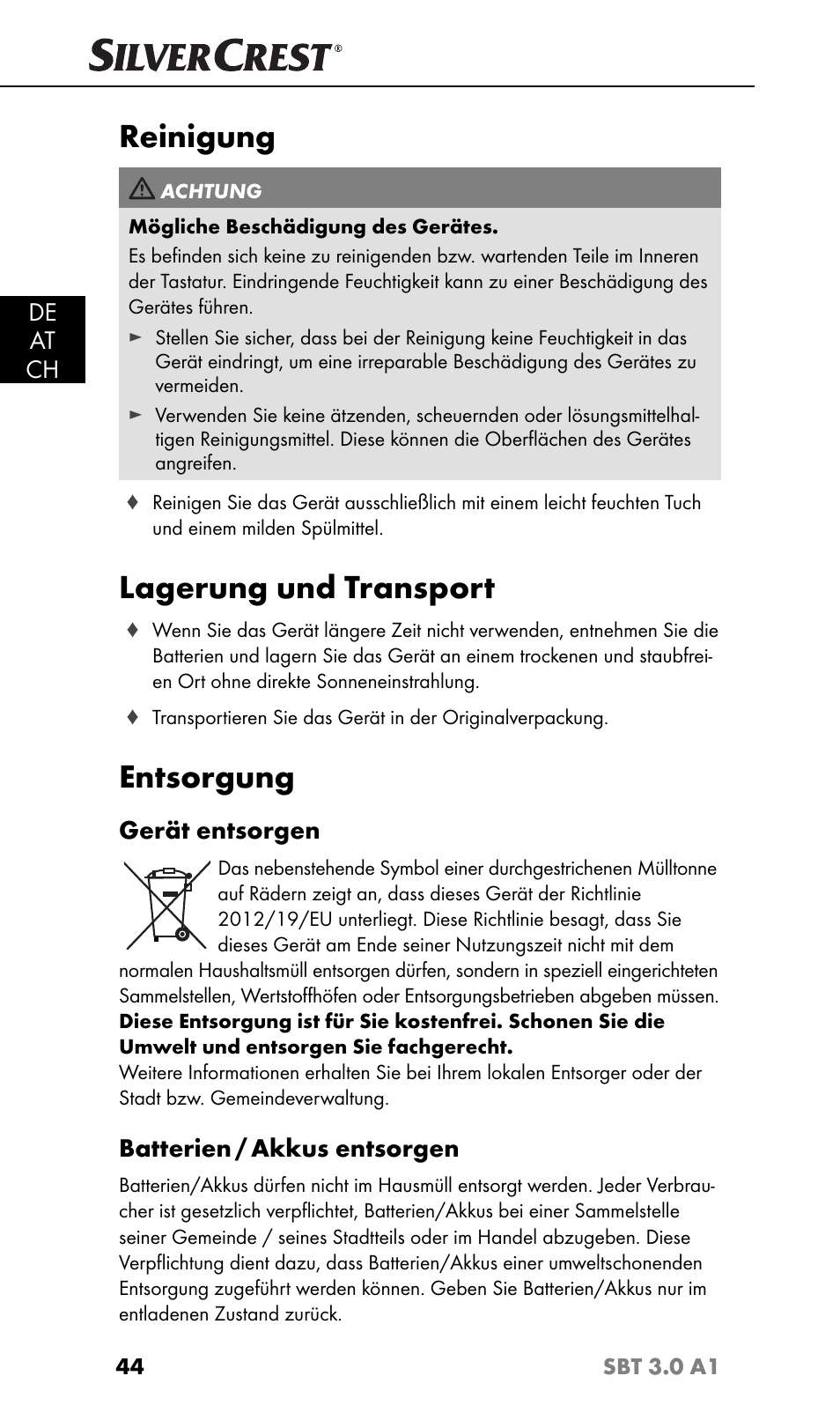 Reinigung, Lagerung und transport, Entsorgung | Silvercrest SBT 3.0 A1 User Manual | Page 47 / 51