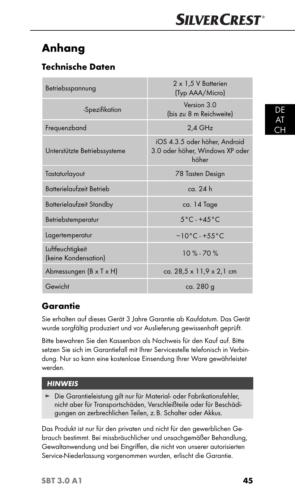 Anhang, De at ch, Technische daten | Garantie | Silvercrest SBT 3.0 A1 User Manual | Page 48 / 51