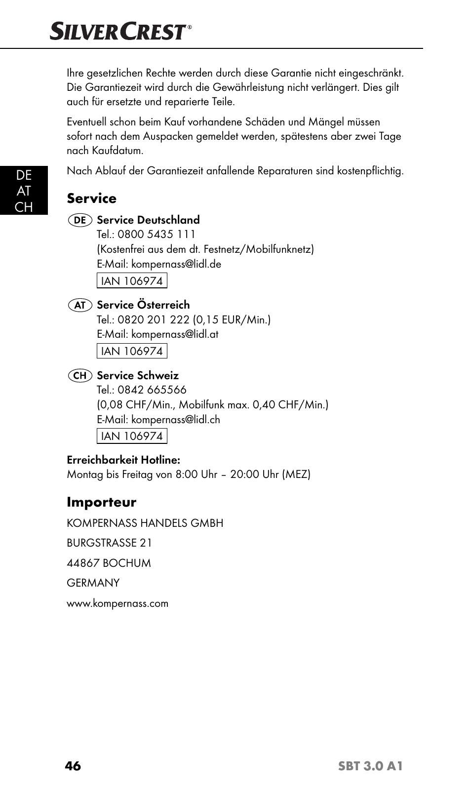 De at ch, Service, Importeur | Silvercrest SBT 3.0 A1 User Manual | Page 49 / 51