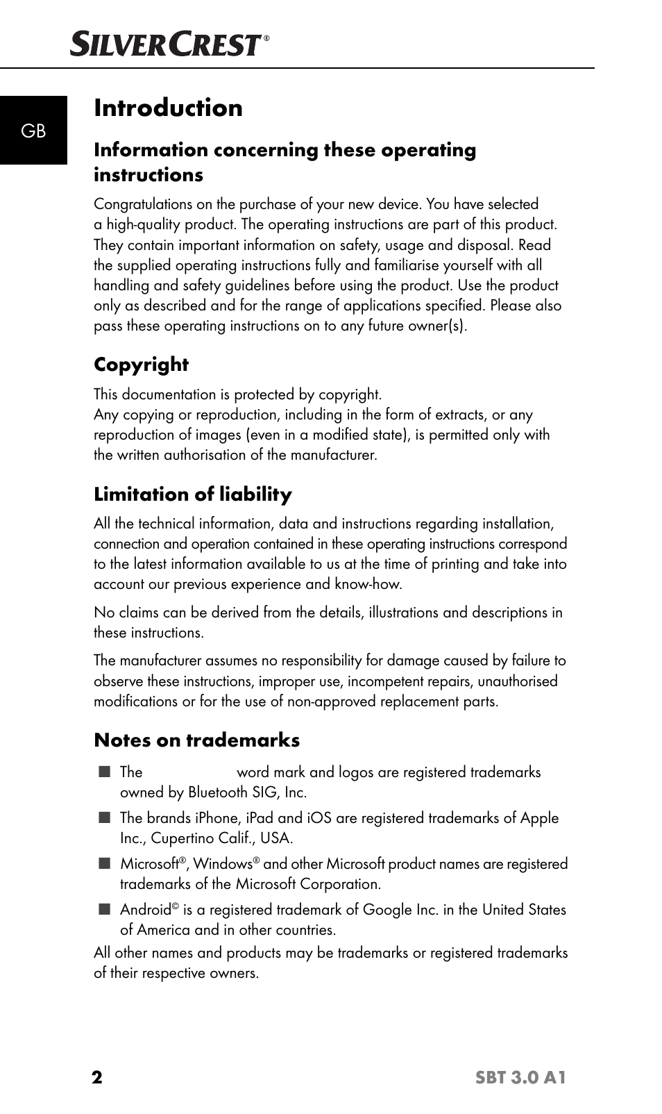 Introduction, Copyright, Limitation of liability | Silvercrest SBT 3.0 A1 User Manual | Page 5 / 51