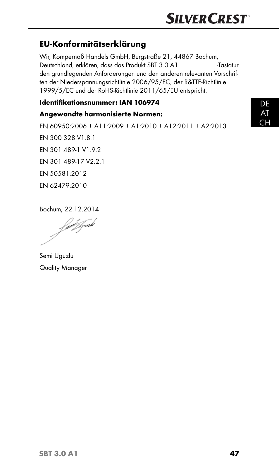 De at ch, Eu-konformitätserklärung | Silvercrest SBT 3.0 A1 User Manual | Page 50 / 51