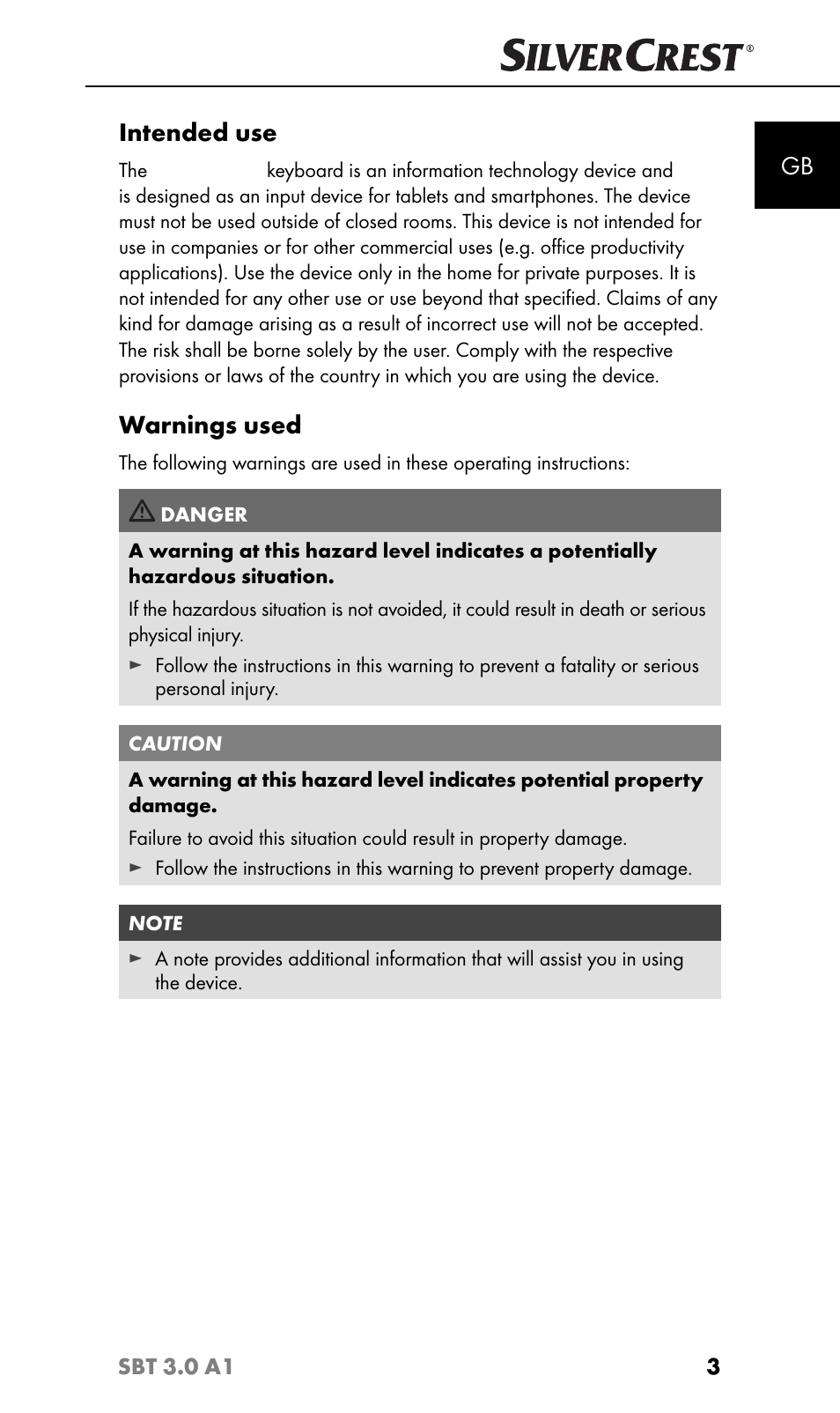 Intended use, Warnings used | Silvercrest SBT 3.0 A1 User Manual | Page 6 / 51