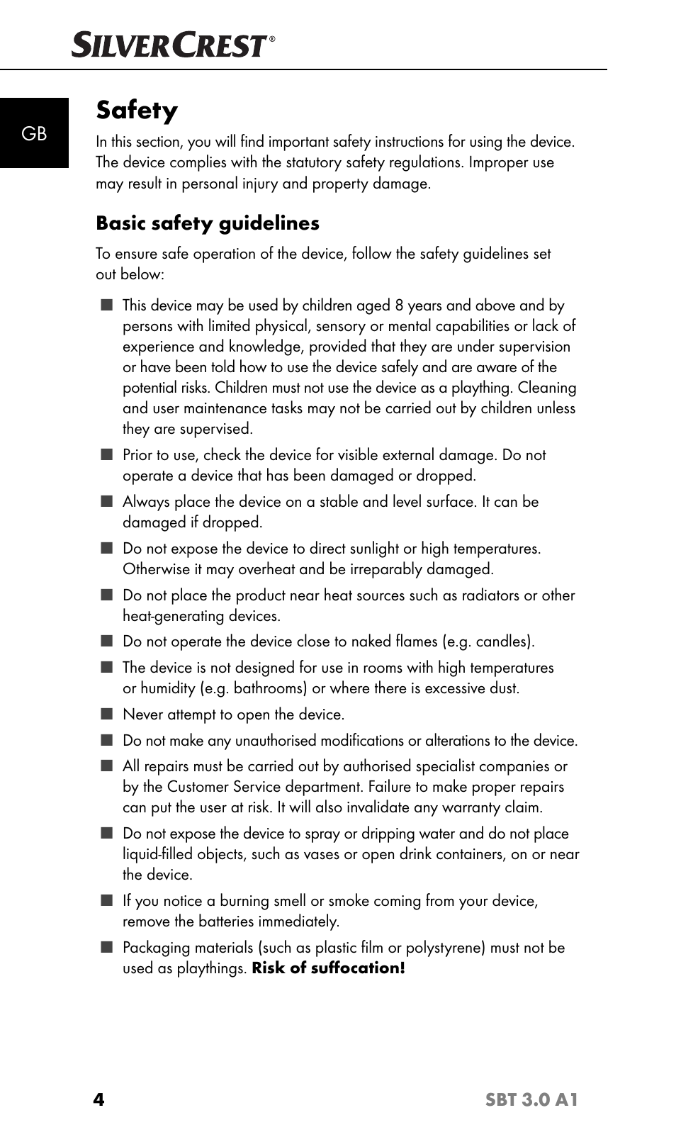 Safety, Basic safety guidelines | Silvercrest SBT 3.0 A1 User Manual | Page 7 / 51