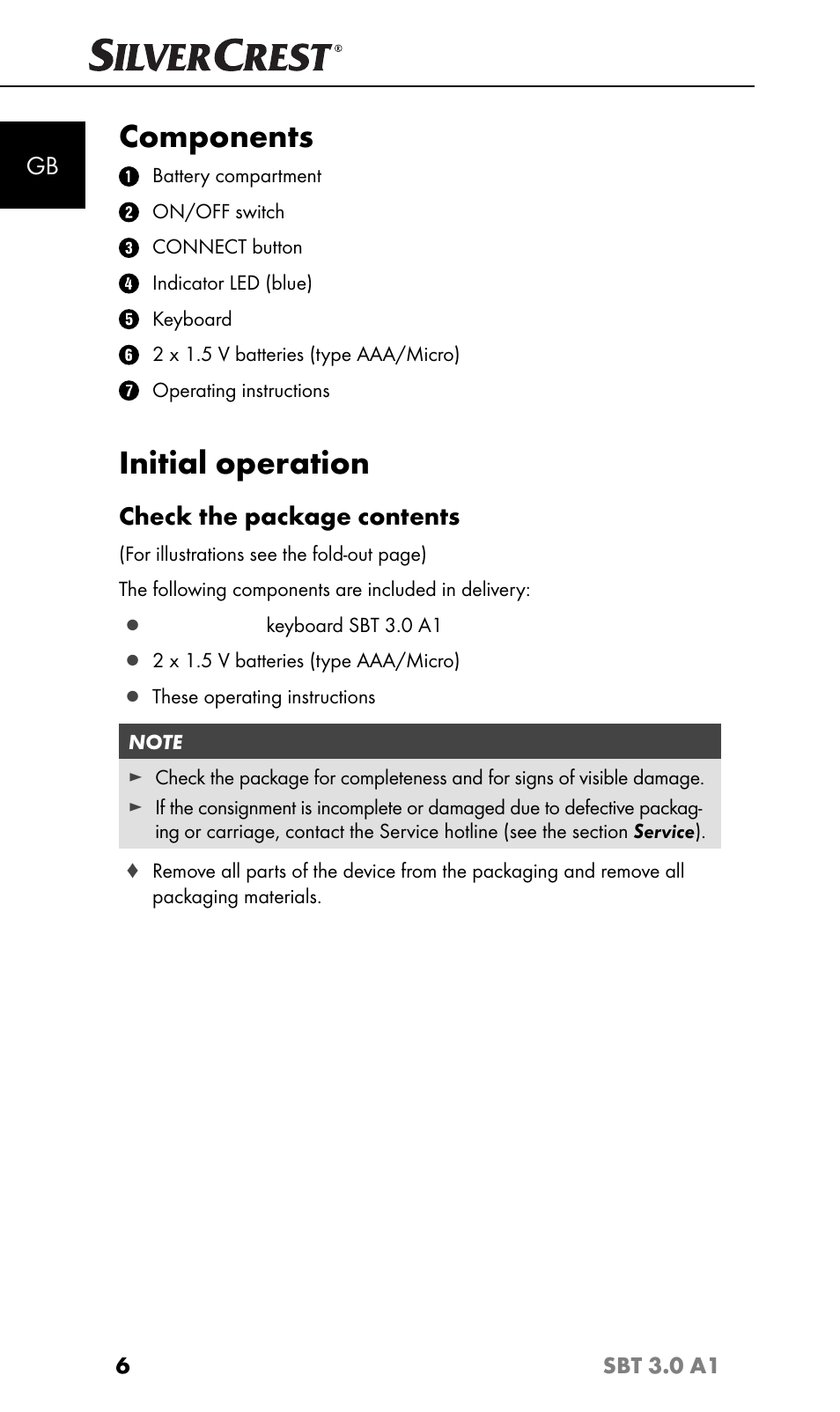 Components, Initial operation, Check the package contents | Silvercrest SBT 3.0 A1 User Manual | Page 9 / 51