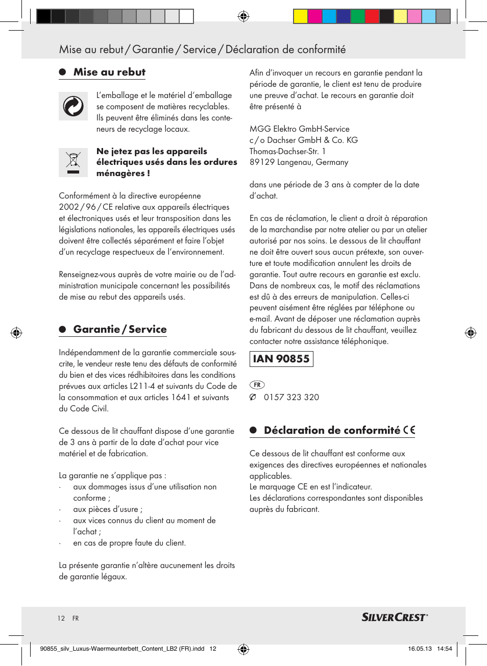 Mise au rebut, Garantie / service, Déclaration de conformité | Silvercrest SLUB 85 A1 User Manual | Page 12 / 29
