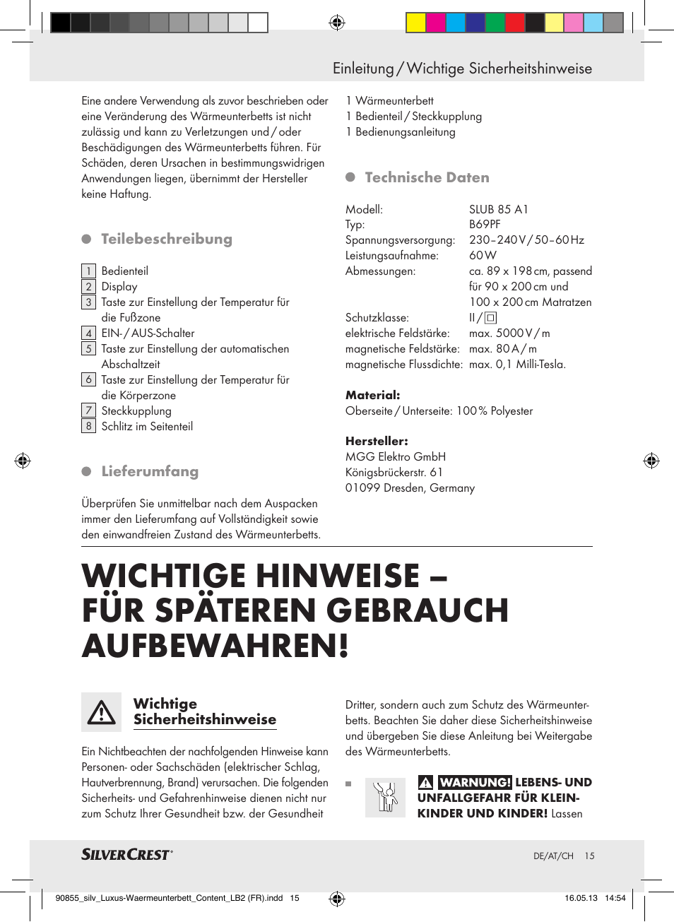 Einleitung / wichtige sicherheitshinweise | Silvercrest SLUB 85 A1 User Manual | Page 15 / 29