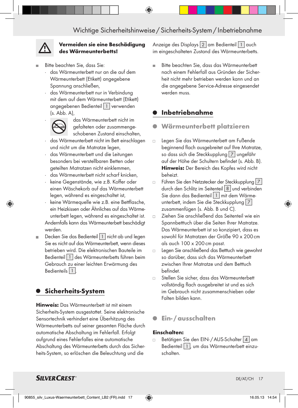 Sicherheits-system, Inbetriebnahme wärmeunterbett platzieren, Ein- / ausschalten | Silvercrest SLUB 85 A1 User Manual | Page 17 / 29