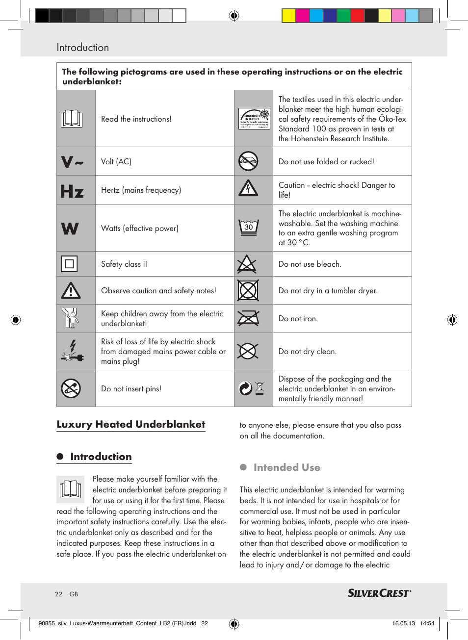 Introduction, Luxury heated underblanket introduction, Intended use | Silvercrest SLUB 85 A1 User Manual | Page 22 / 29