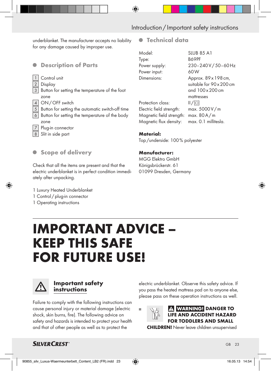 Important advice – keep this safe for future use, Introduction / important safety instructions | Silvercrest SLUB 85 A1 User Manual | Page 23 / 29