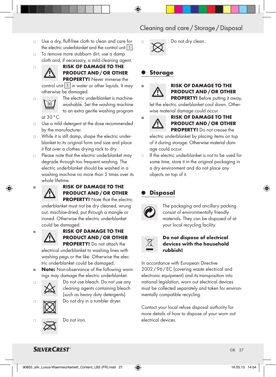 Cleaning and care / storage / disposal, Storage, Disposal | Silvercrest SLUB 85 A1 User Manual | Page 27 / 29