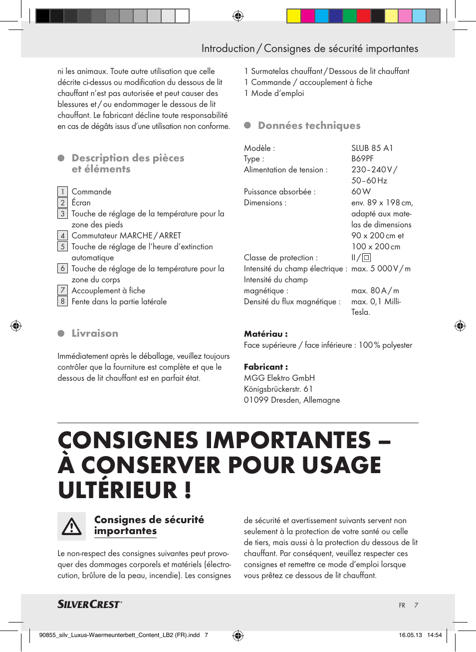 Introduction / consignes de sécurité importantes | Silvercrest SLUB 85 A1 User Manual | Page 7 / 29